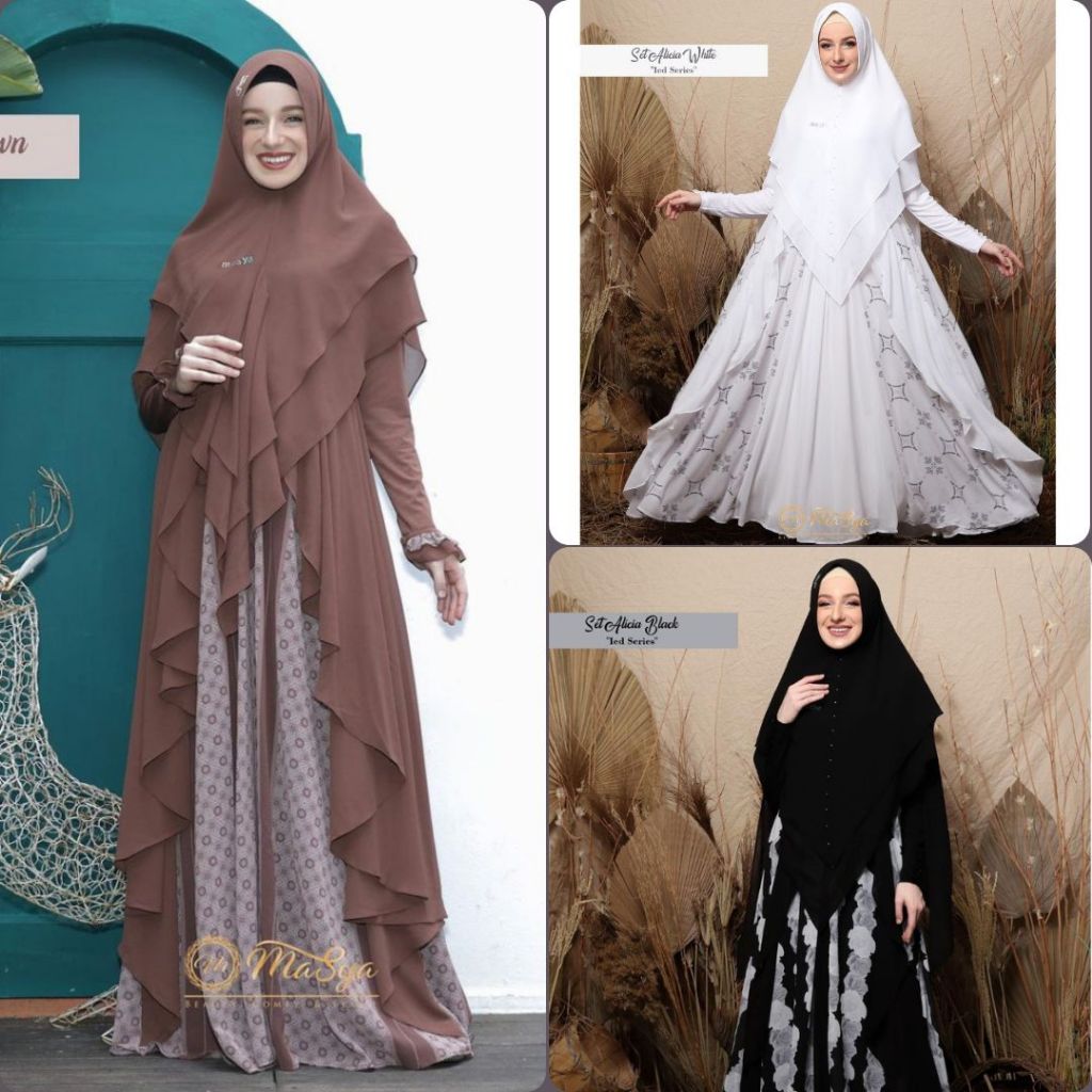 Set Gamis Dress Ceruty Babydoll Syari Branded Hitam - Black - Brown - Coklat - White - Putih Mewah M