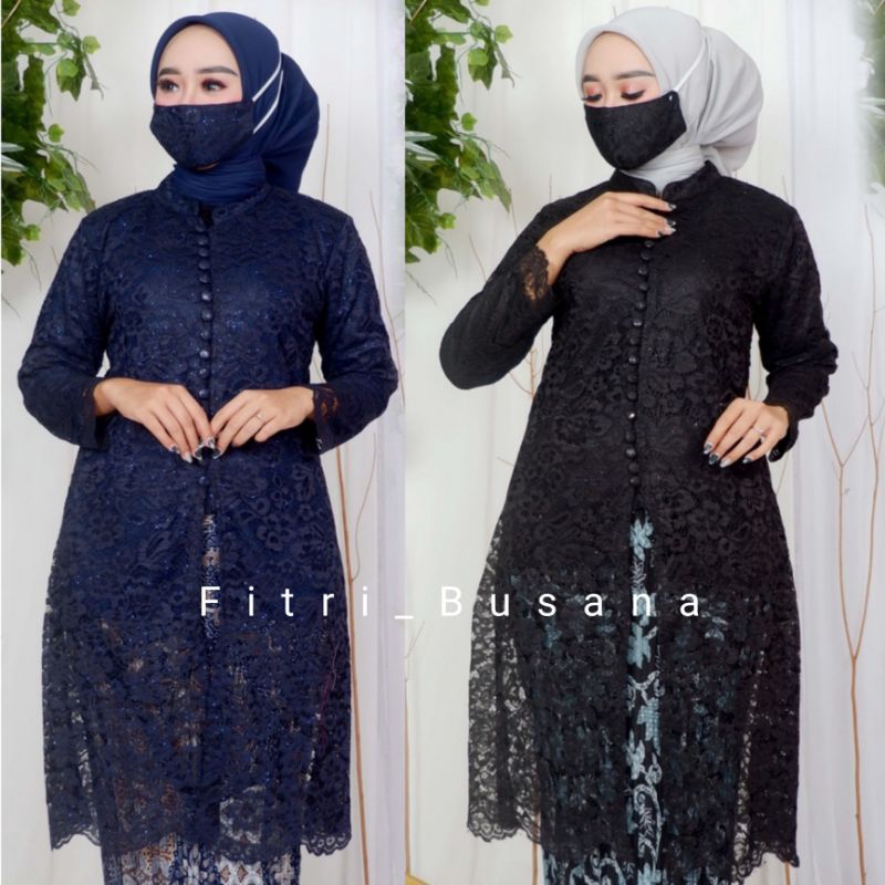 Kebaya Brokat Modern Atasan Kebaya Tunik Kurung Lengan Panjang Model Muslim Hijab Warna Hitam
