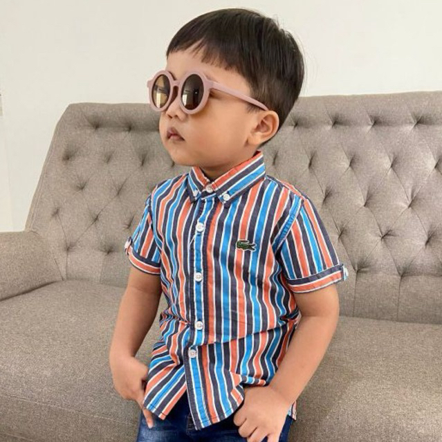 baju kemeja lengan pendek biru blue garis striped anak import premium bagus keren lucu K511