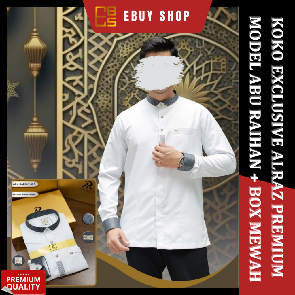 [Non COD] Exclusive Baju Koko Putih Alraz Edisi Ramadhan Free Box Design Abu Raihan Lengan Manset El