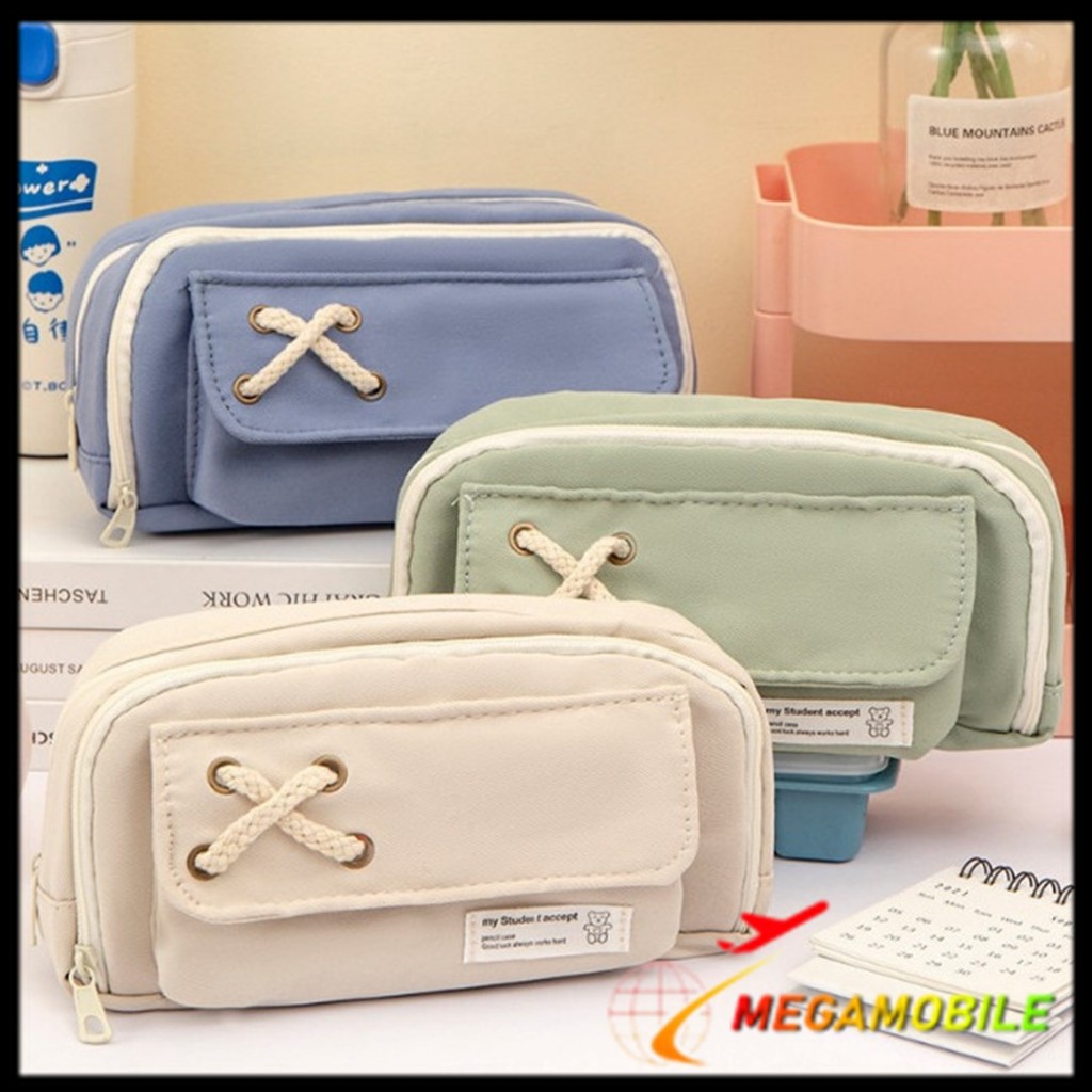 

MM - Tempat Pensil Model Pita Silang Kotak Pensil Tali Rami Ritsleting Ganda Bahan Kanvas Pouch Tempat Alat Tulis Perlengkapan Sekolah Kantor Dua Sisi Resleting