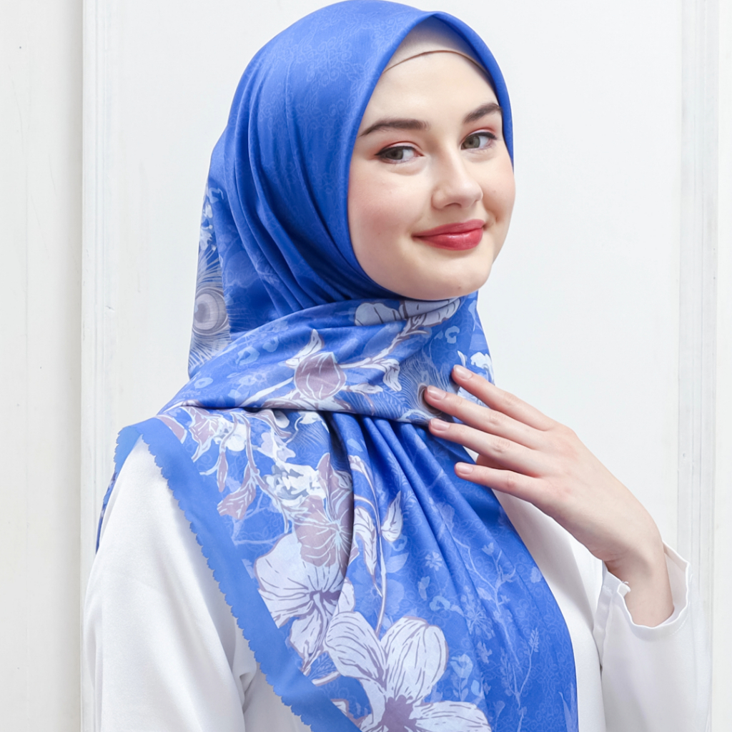 FashHijab Kerudung Segi Empat Printing Lasercut Motif Paonne Voal Crystal Premium Warna Biru