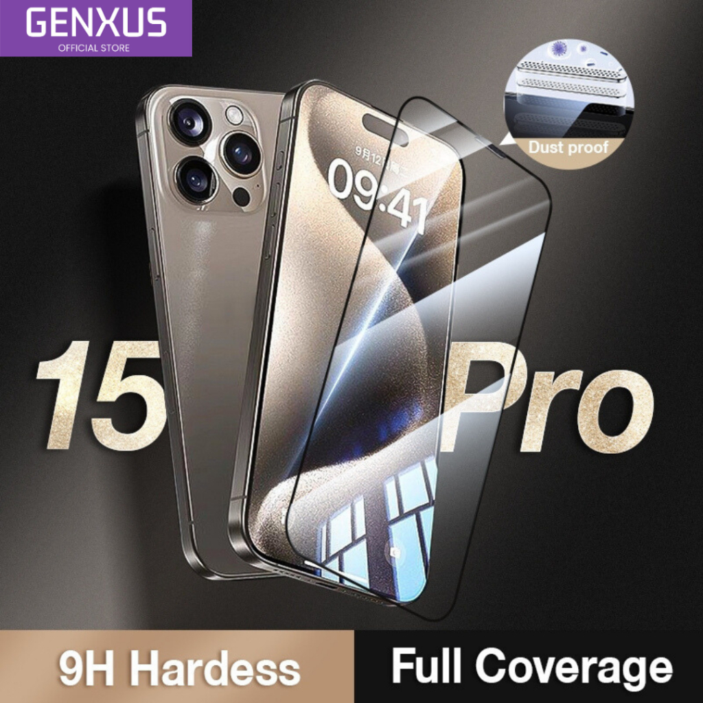 Genxus Tempered Glass Anti Dust Full Covered iPhone 15 promax 15 pro 14 Promax 14 Plus 13 Promax 13 