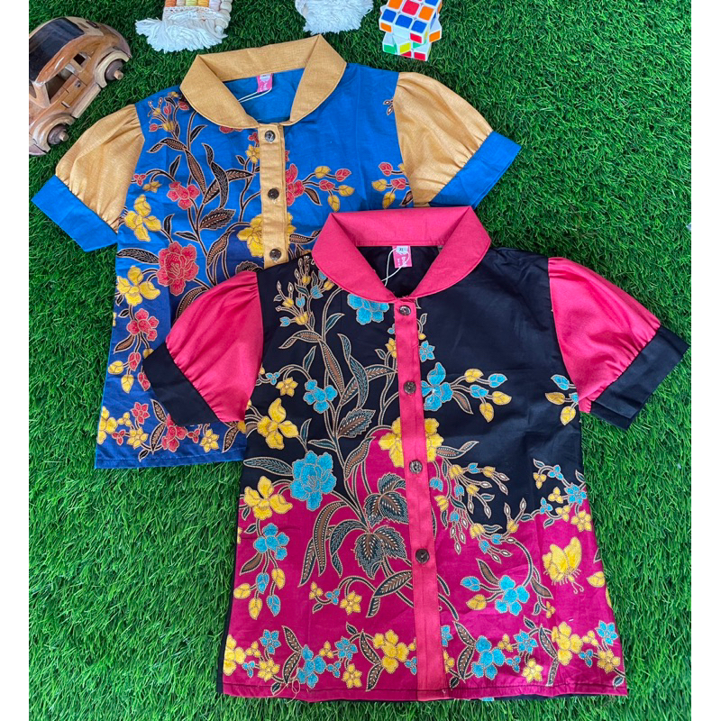 Batik Costume Blus Batik Anak Cewek Premium Batik Halus Hitam Pink Biru Mustard Bagus Lengan Puff At