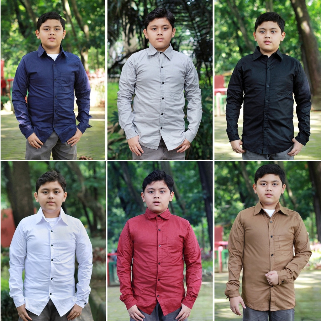 Kemeja Anak Laki Laki Usia 8-13 Tahun Ukuran S M Baju Lengan Panjang Motif Polos Casual Distro Impor