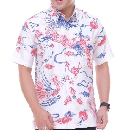 kemeja batik tulis kain satin pria lengan pendek dalam lapis furing motif naga putih