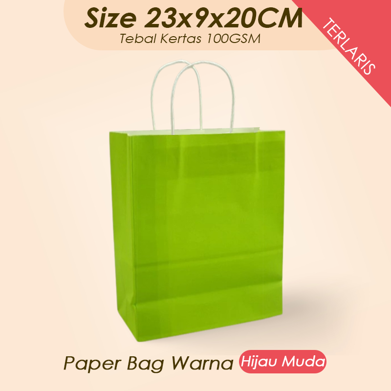 

(Hijau Muda) Paper Bag Kado 23x9x20 CM / Papper Bag Polos Warna Hijau Packing Baju, Kaos, Celana, Kemeja Packing Olshop / Paper Bag Kertas Warna Packaging Online Shop Souvenir