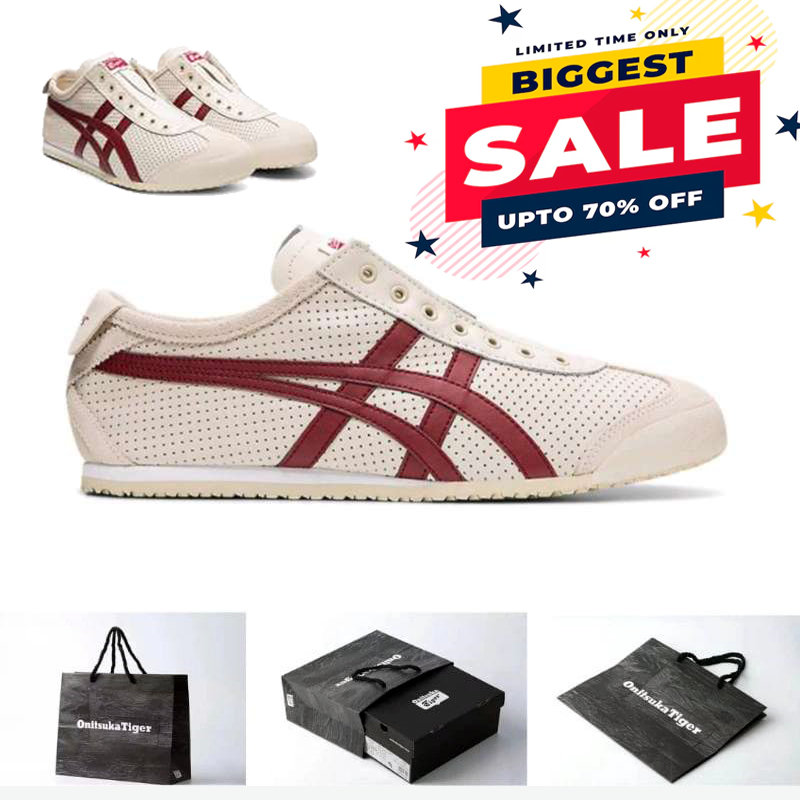Sepatu Onitsuka Original Mexico66 Slip-on Leather Cream maroon