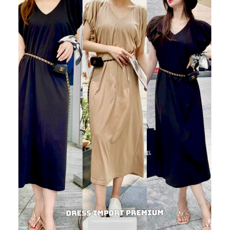 DRESS WANITA KATUN MIDY LENGAN PENDEK POLOS WARNA COKELAT HITAM CASUAL BASIC KOREA STYLE IMPORT JUMB