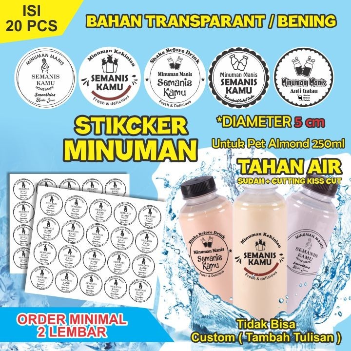 

Paket 2 Lembar Stiker Minuman Untuk Botol Almond 250ml - Isi 20 Pcs Stiker Minuman Semanis Kamu Stiker VInil Anti Air