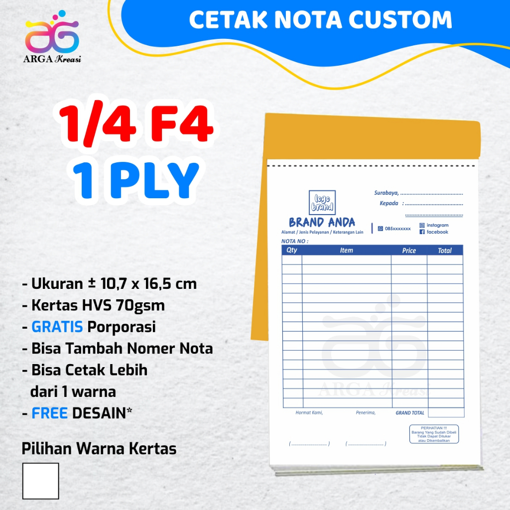 

Cetak Nota Custom 1 Ply 1/4 F4 (A6) Kertas NCR Kwitansi Custom Rangkap 1 Bon Kontan Olshop Toko Laundry