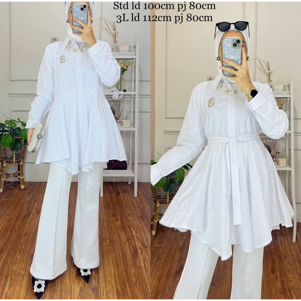 TUNIK STANDAR BASIC COLOR WHITE VARIASI MODEL LENGAN PANJANG KERAH V FULL BUTTON DEPAN PREMIUM WANIT