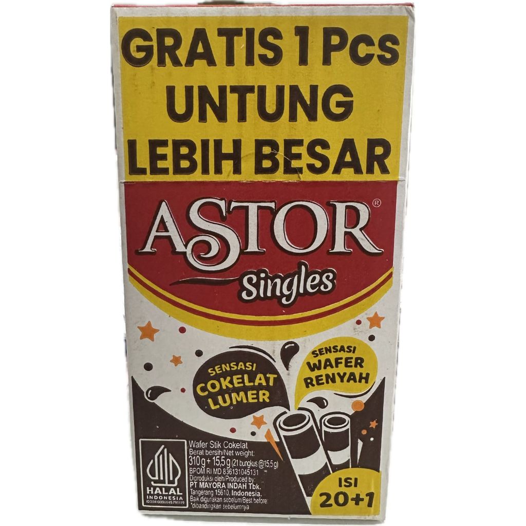 

ASTOR SINGLES WAFER STICK DUS ISI 20 PCS x 15 GRAM PACK STIK COKLAT CHOCOLATE BISKUIT KUE SNACK CEMILAN ANAK MAKANAN RINGAN GROSIR MURAH TERMURAH BANDUNG ROLL MAYORA SACHET SATUAN ECER MINI