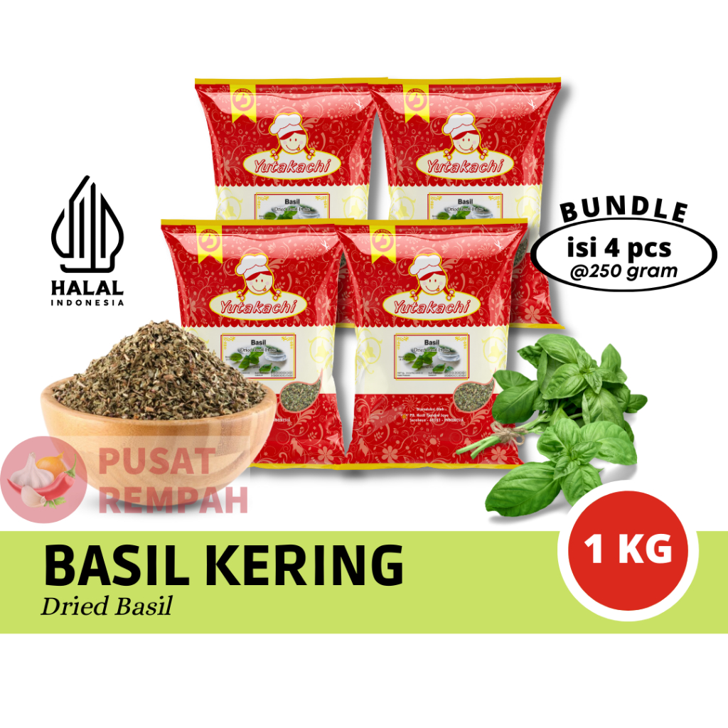 

Daun Basil Kering 1Kg ( 4pcs ) @250 Gram / Bumbu Kontinental Yutakachi / Pusat Rempah