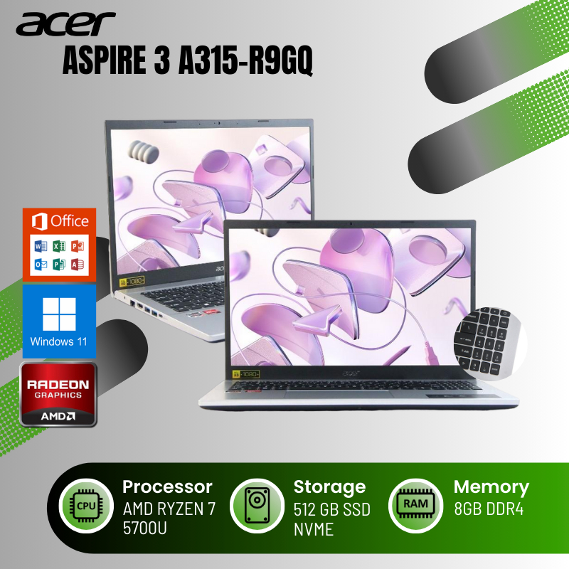 LAPTOP MULTITASKING Acer Aspire Slim A315 R9GQ AMD RYZEN 7 8GB, 512GB SSD, 15.6" Full HD, Free Install Windows
