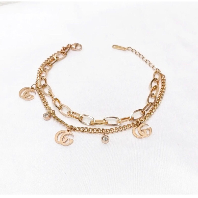 Gelang wanita Titanium model rantai gucci 2 layer korea fashion style
