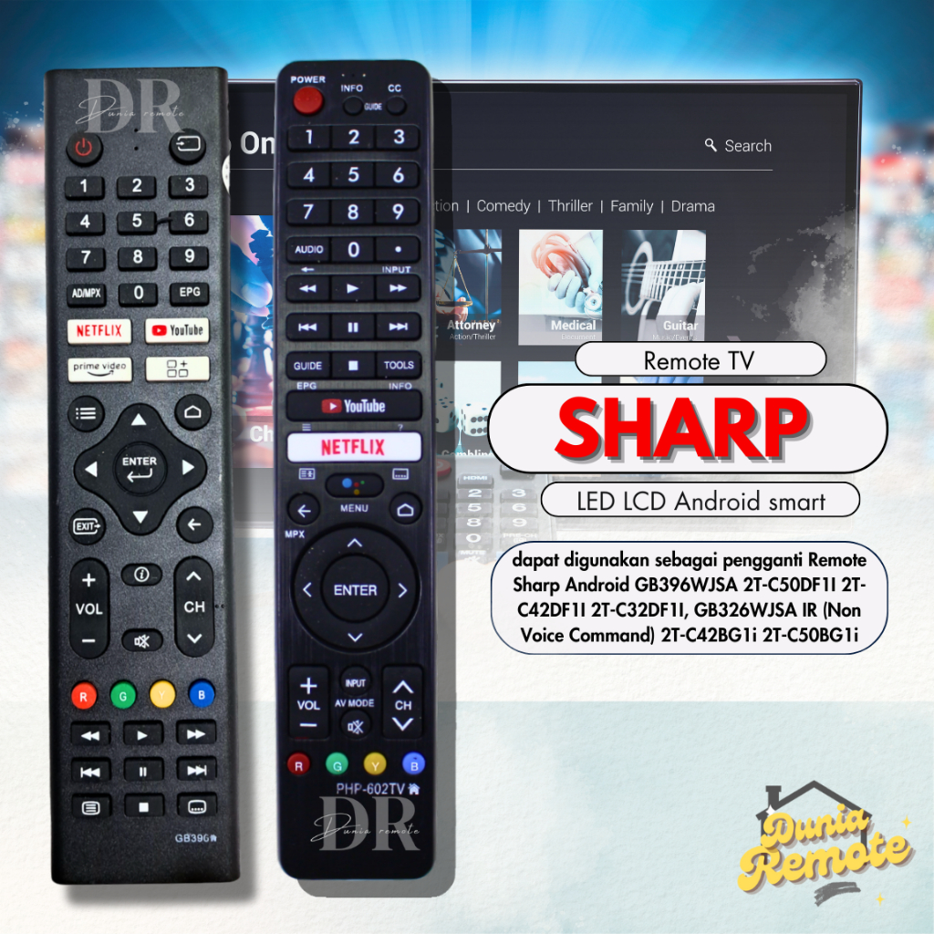 Remot Remote TV Sharp Aquos Android Smart LCD LED 2T-C42DF1I 2T-C32DF1I GB396WJSA 2T-C50DF1I GB326WJSA IR (Non Voice Command) 2T-C42BG1i 2T-C50BG1i