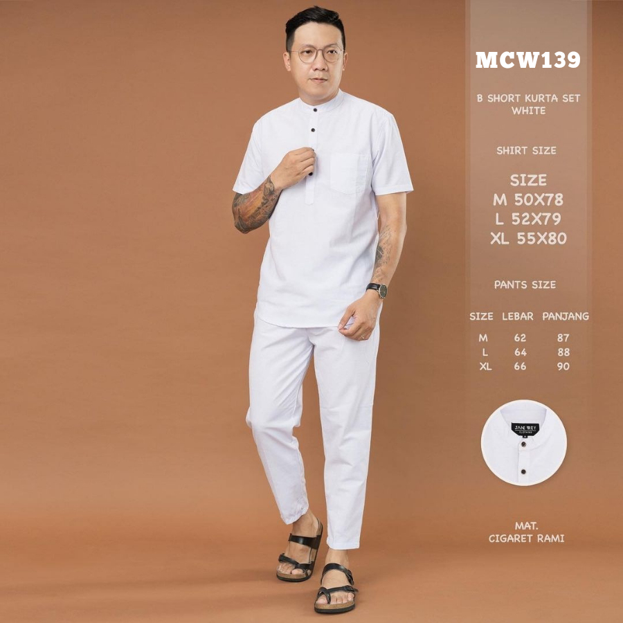 AV139 Short Sleeve Set Kurta Modern White Cotton Rami M-XXL | Kurta Putih Pria x Celana Panjang