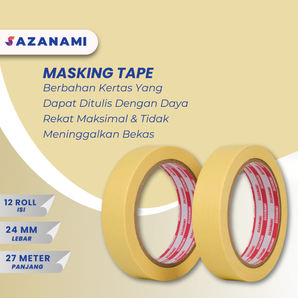 

Lakban Kertas Masking Tape 1" 24mm x 27m Sazanami Tape isolasi kertas
