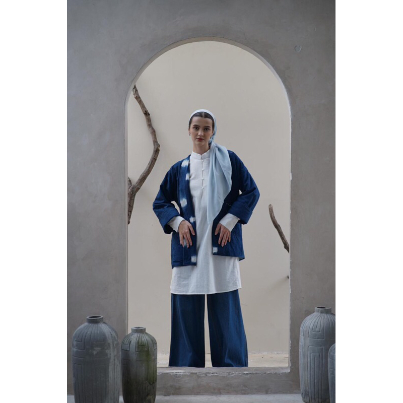 Cardigan Atasan Pria Wanita Jaket Reversible Outer Shibori Indigo Nuppu