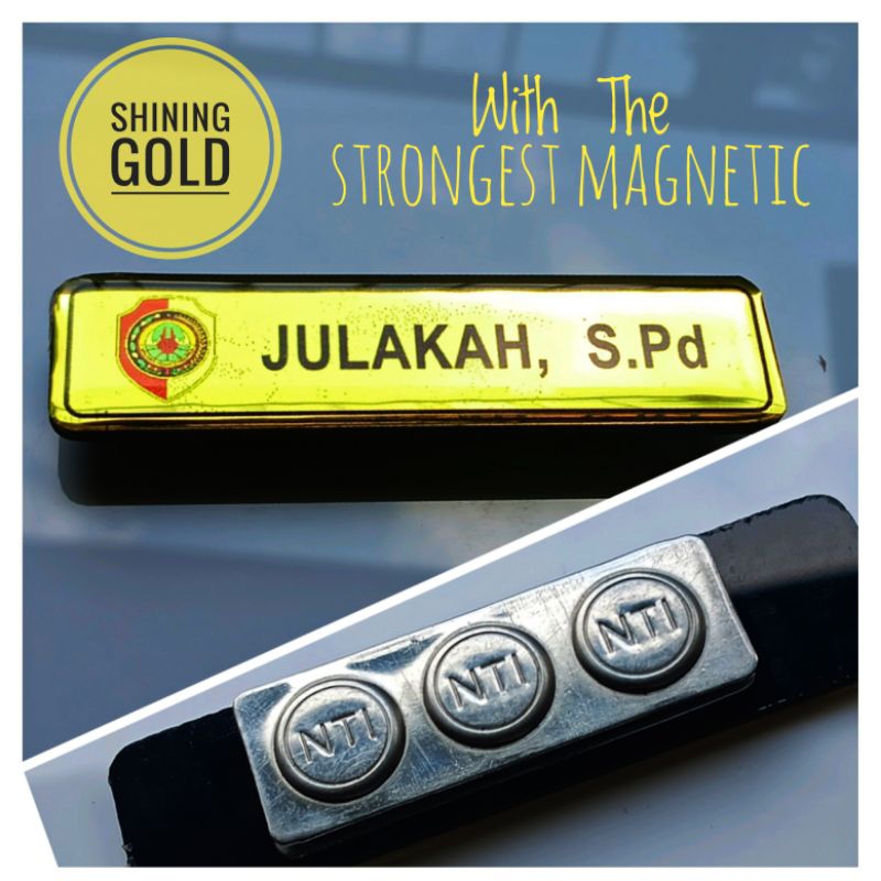 Name Tag Papan Nama Warna Gold Emas Mengkilat - Peniti - Magnet #Name Tag Indonesia