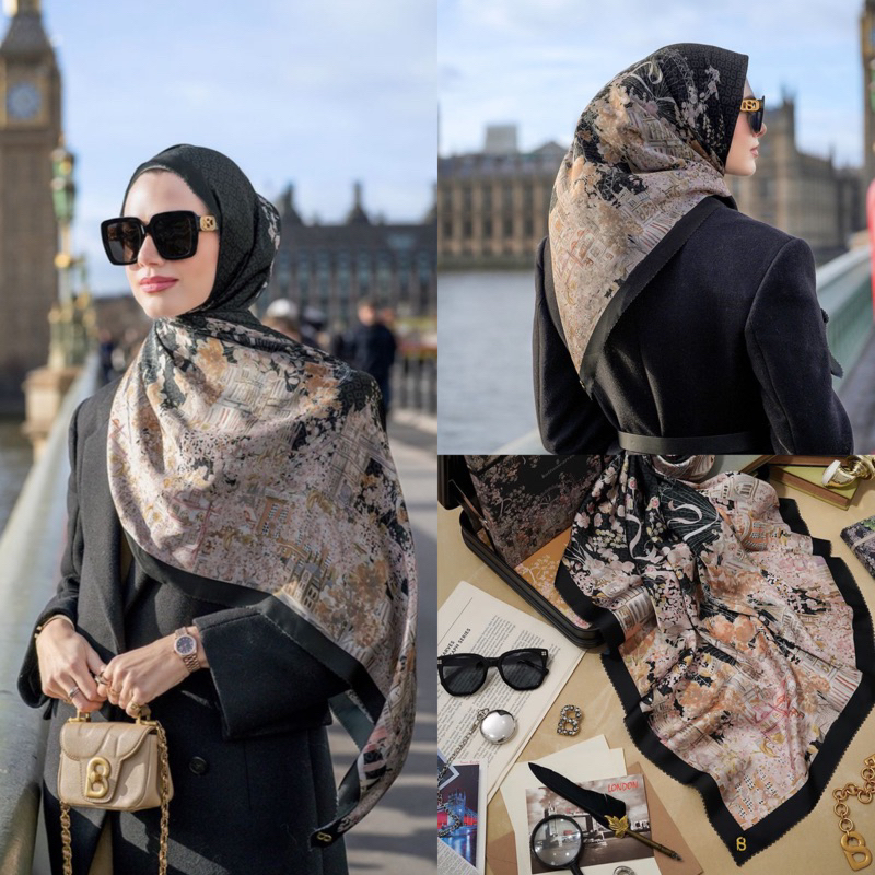 Hijab Segiempat Pakai Plat Logo Button Scarves