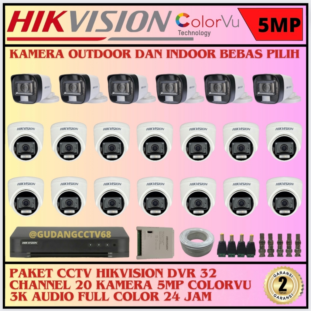 PAKET CCTV HIKVISION DVR 32 CHANNEL 20 CAMERA HIKVISION 5MP FULL COLOUR 3K COLORVU AUDIO SERIES