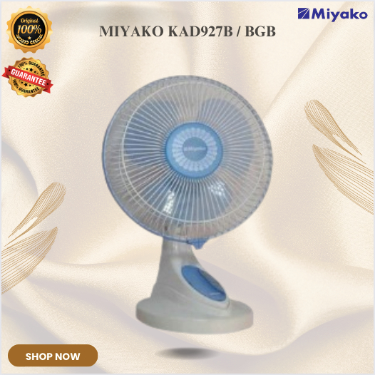 Kipas Angin Miyako KAD-927B 9 Inch Putih-Biru, Meja/Dinding dengan ThermoFuse dan Jaring Musang Anti Karat