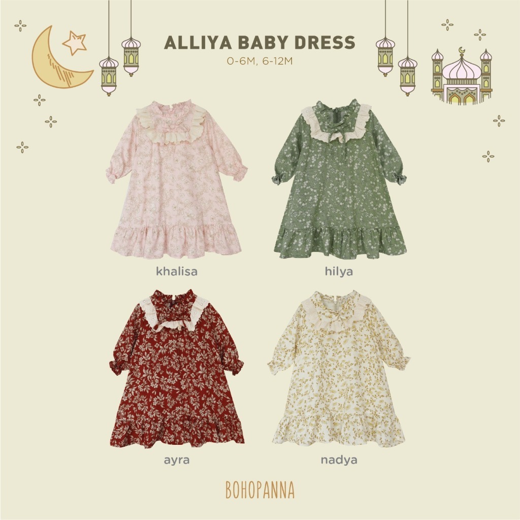 Baju Muslim Bayi Anak Perempuan Dress Gamis Lebaran Bohopanna - Raya Collection - Alliya Baby Dress 
