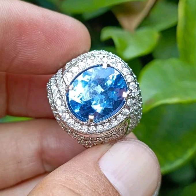 Cincin Perak Batu Permata Natural BLUE COLOR-CHANGE FLOURITE (CCF) + Memo (5,62ct)