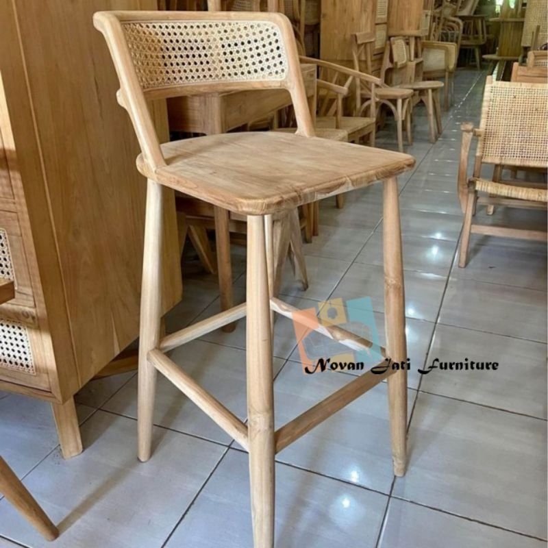 kursi bar jati rotan | kursi stool sandaran rotan