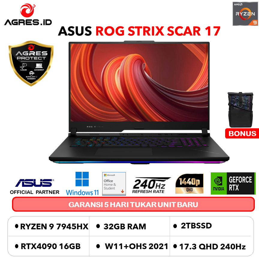 ASUS ROG STRIX SCAR 17 G733PY RYZEN 9 7945HX RTX4090 16GB/ 32GB 2TB W11+OHS 17.3QHD 240HZ -R949C6T-O