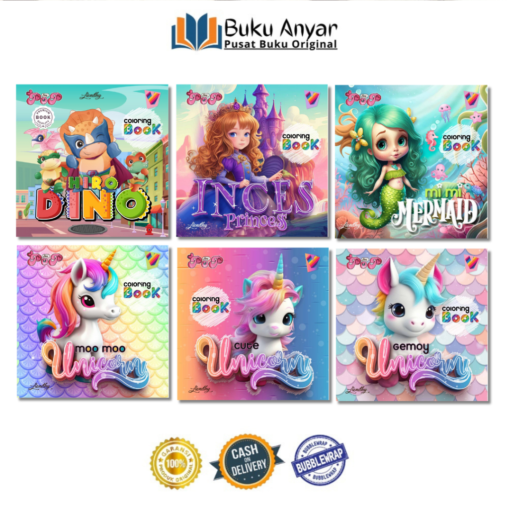 

Coloring Book Buku Mewarnai Anak Lucu Dinosaurus Unicorn Princess Mermaid Kertas Tebal
