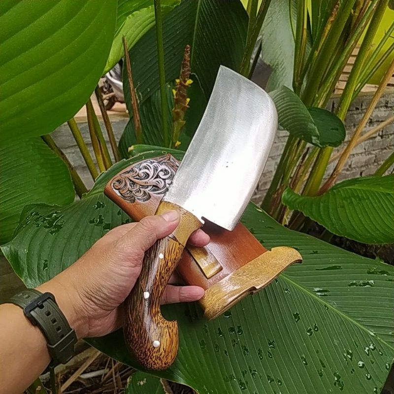 Pisau Daging Cincang Baja Per Pulltang Sarung Kayu Ukir
