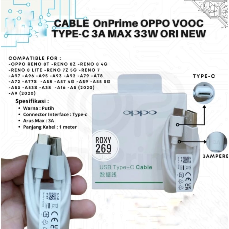 Kabel Data Oppo USB Type C Original Ori Tipe C 3A / Cable Charger Carger Hp Handphone Oppo New A98 A