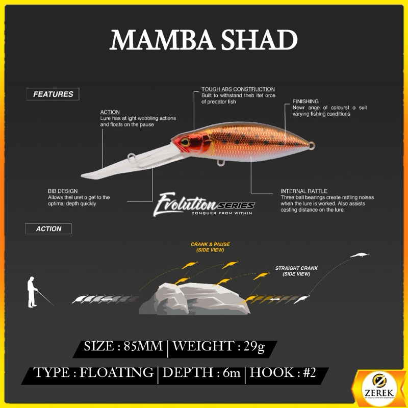 Zerek MAMBA SHAD Floating Lure 85mm/29g - Umpan Pancing Predator Black Bass Giant Sneakhead Toman Ga