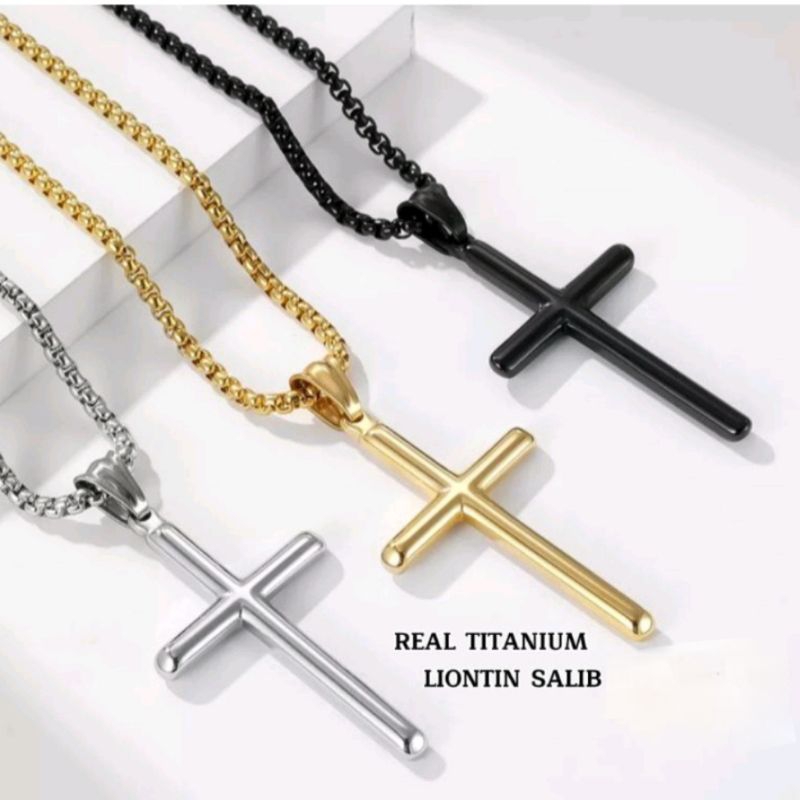 Kalung Salib Polos Titanium Warna Silver dan Emas