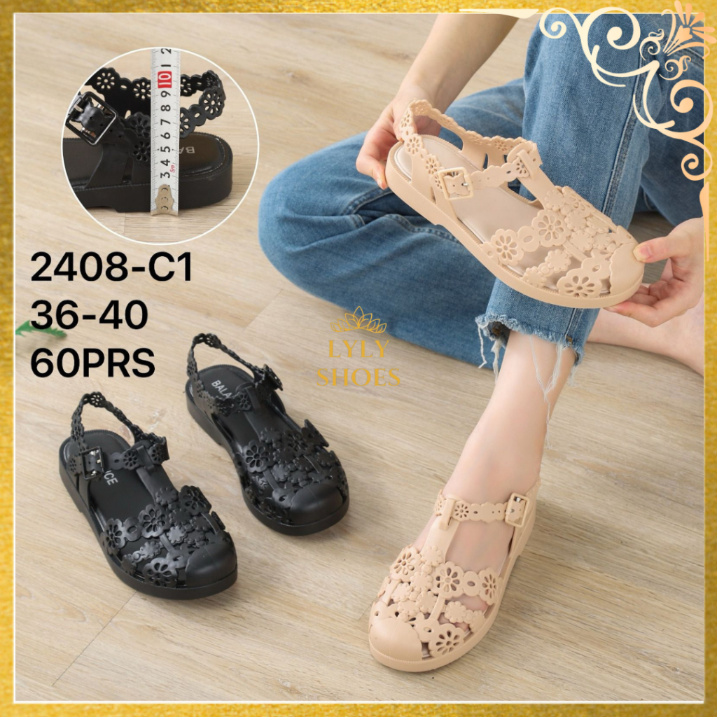 Sandal Selop Jelly Wanita Balance Ujung Tertutup Motif Bunga Tali Belakang 2408-C1