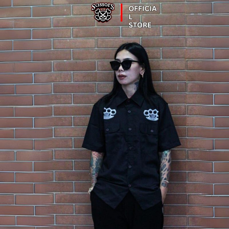 Kemeja Sc Skull Rose Black Unisex ( Scissors Apparel )