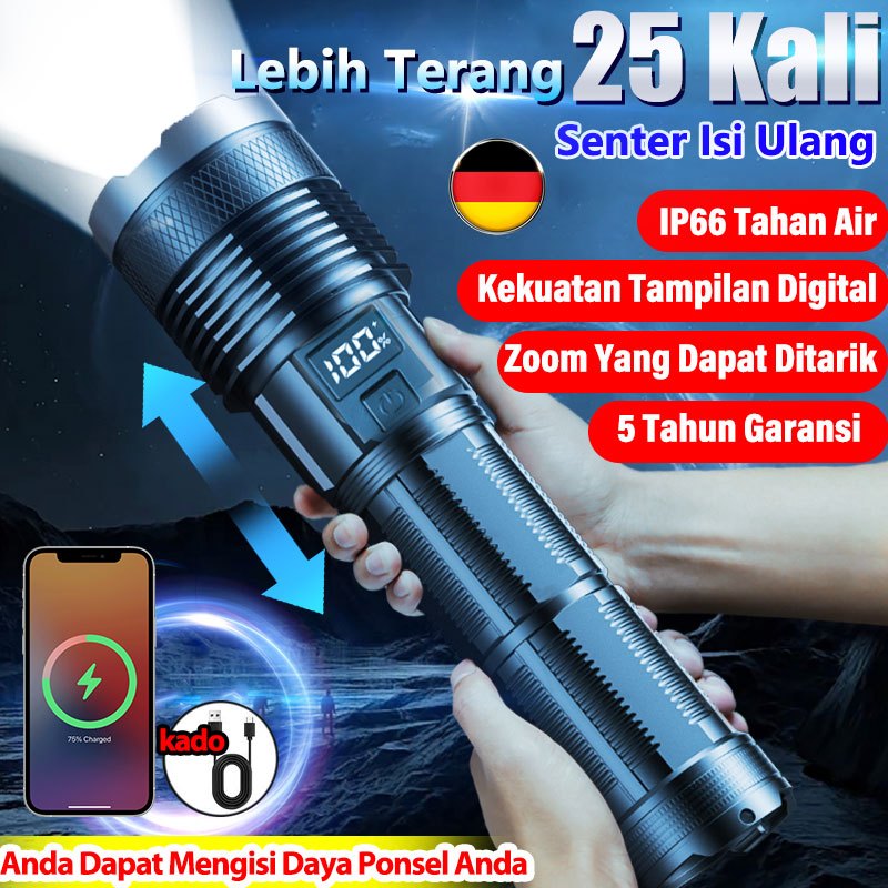 Tampilan Digital Senter LED Tactical 100000 Lumens Xhp 50 - Kualitas Cahaya Super Terang senter led 