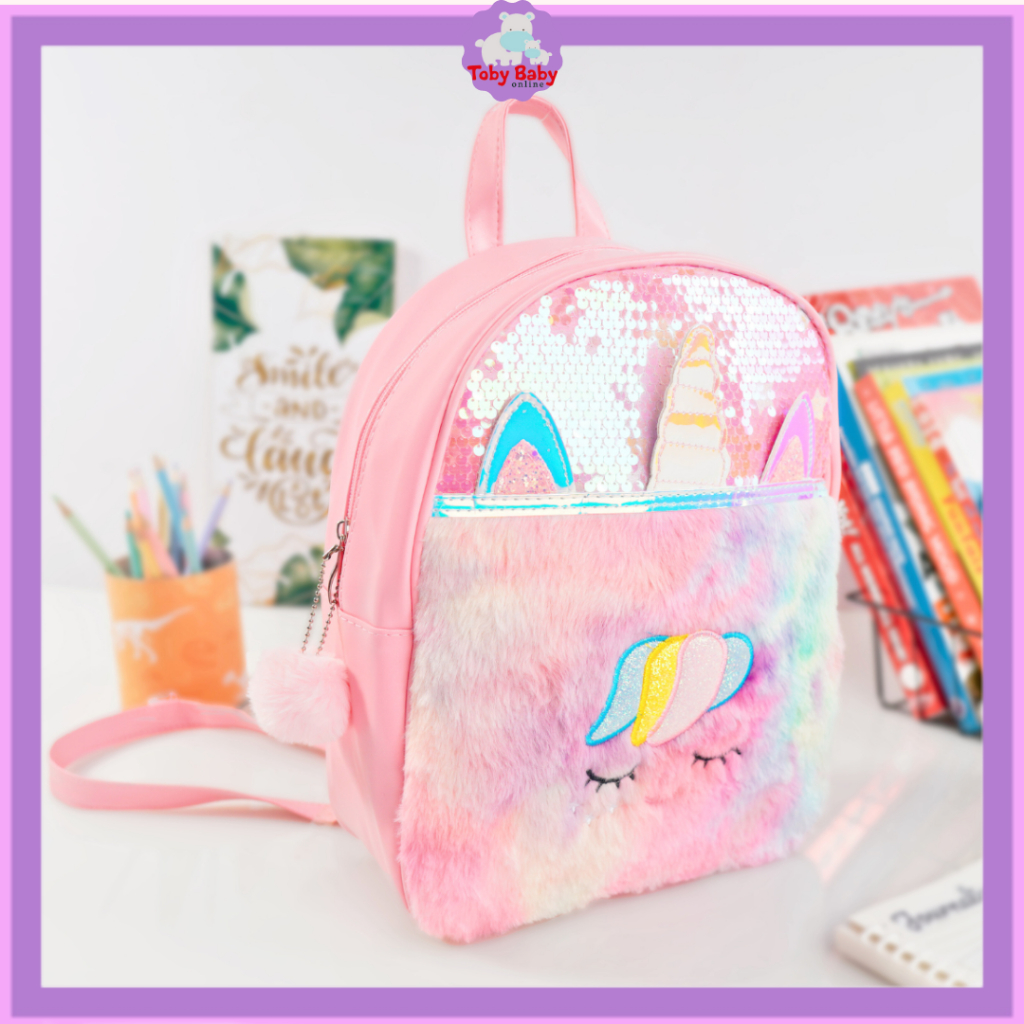 Tas Sekolah Ransel Besar Anak SD TK Remaja Fashion Unicorn Bulu Rainbow Anti Air Impor Korea