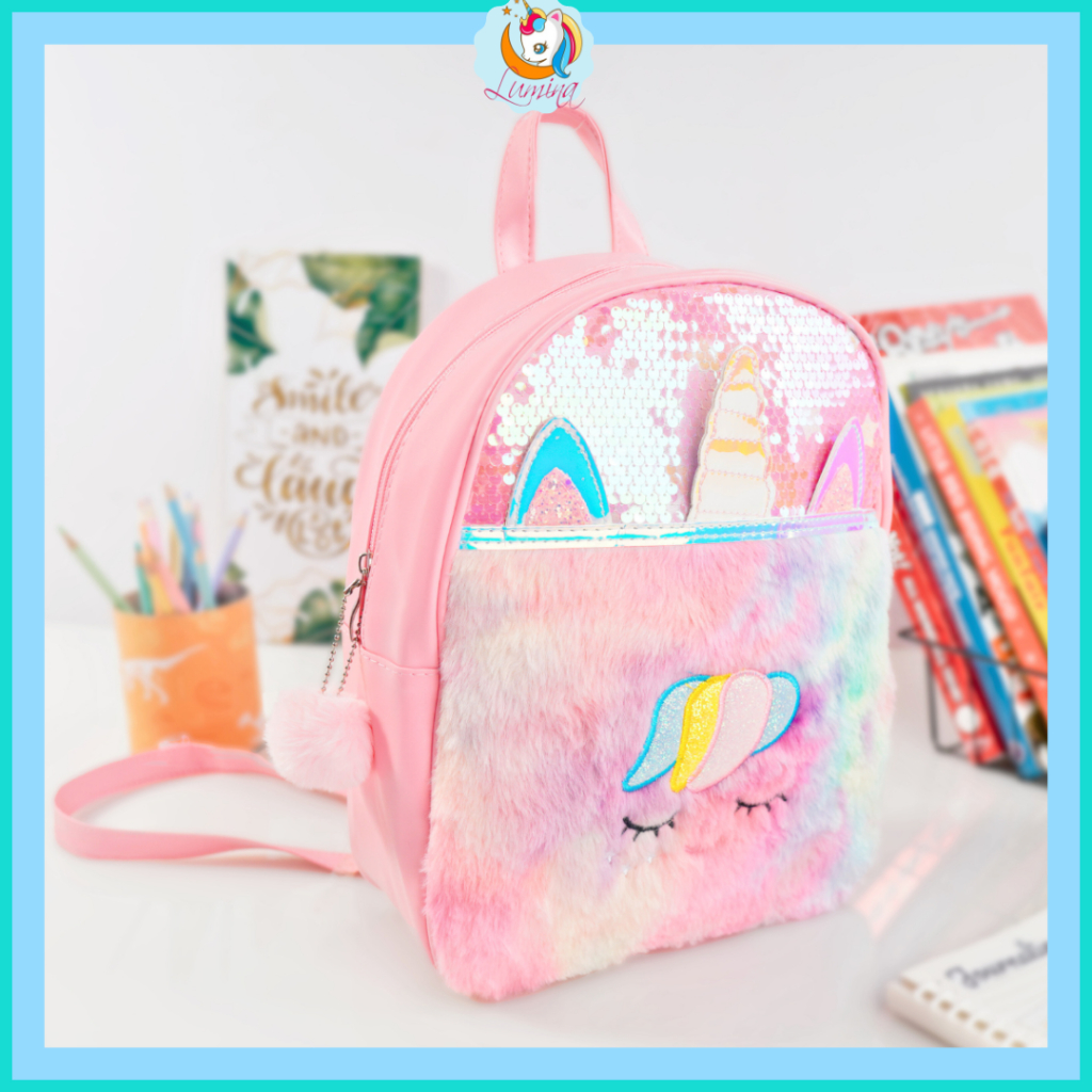 Tas Sekolah Ransel Besar Anak SD TK Remaja  Impor Korea Fashion Unicorn Bulu Rainbow Anti Air
