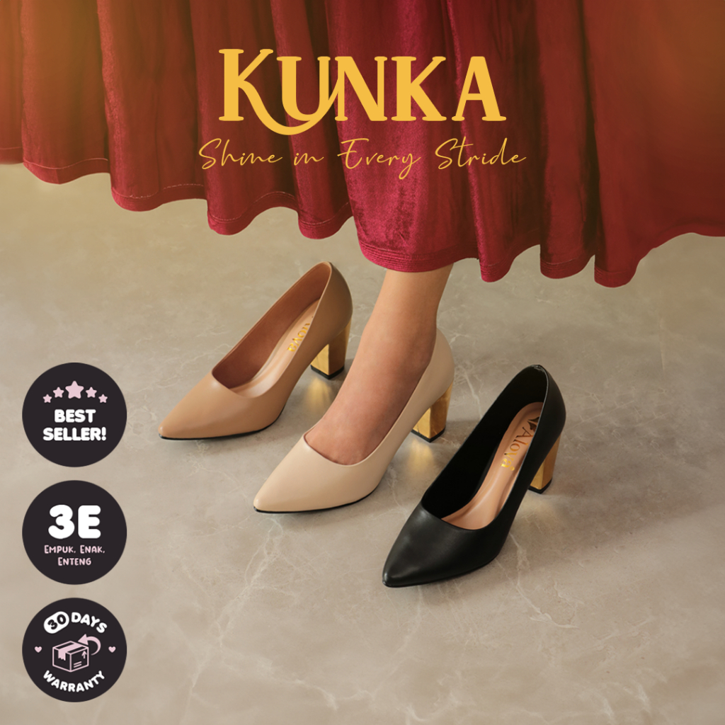 Alivelovearts Kunka Heels 7cm Gold Sepatu Pantofel Kantor Block Hills Wanita Runcing Kerja hak tahu