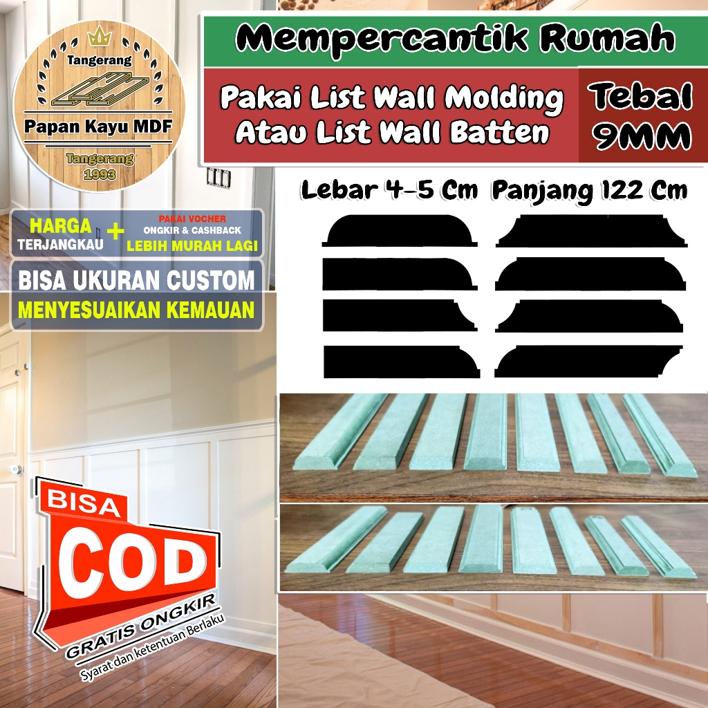 Wall Molding HMR Tebal 9MM Lebar 4-5Cm List Profile Kayu Dekor Dinding Batten Panel Moulding Accents