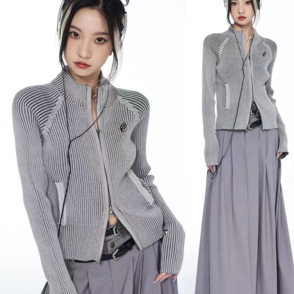 COD##American retro zipper slim fit bordir sweater cardigan pit strip dua warna/Knit Y2k Grey Rajut 
