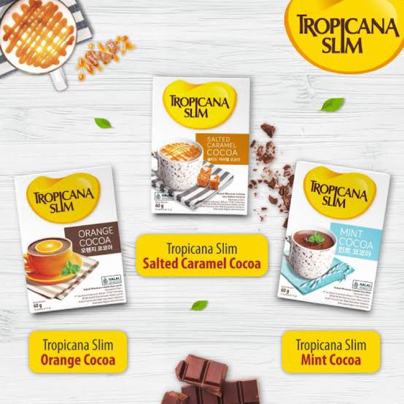 

Tropicana Slim Mint Cocoa SUGAR FREE / Orange Cocoa - Salted Caramel cocoa - French Butter Souffle Coffee