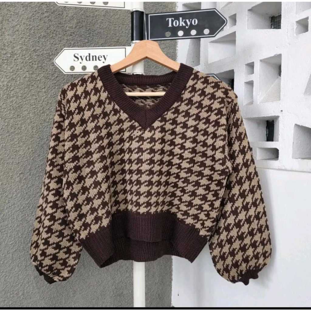 WSW - Sweater Crop Rajut Motif Houndstooth Korea