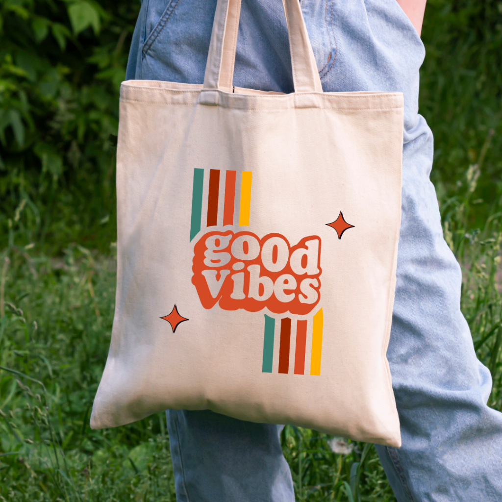 Tote Bag Kanvas Resleting Unisex Orange Vintage Good Vibes ToteBag