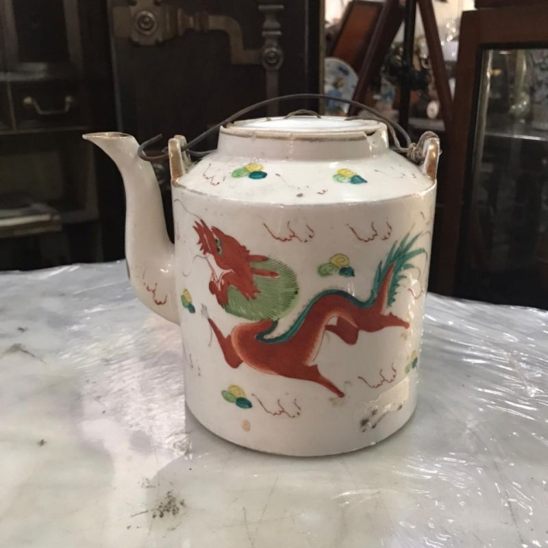 Teko Keramik Putih China Motif Naga Lawas Jadul Tua Small