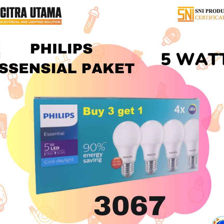 LAMPU HILIPS ESSENSIAL PAKET 5W PUTIH TERANG BELI 3 GRATIS 1 K3067